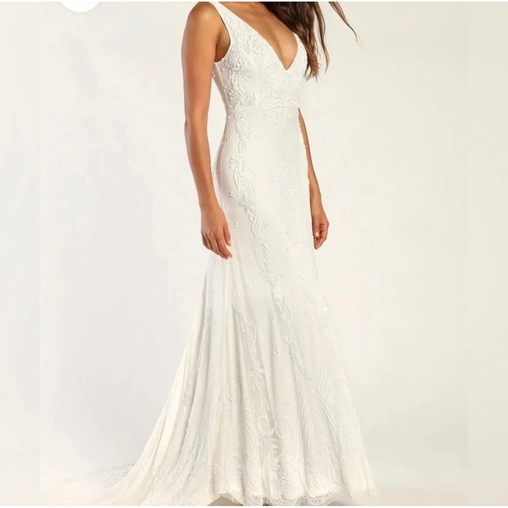 Lulus Passionate Romance White Beaded Sequin Mermaid Maxi Dress XL $318 2837